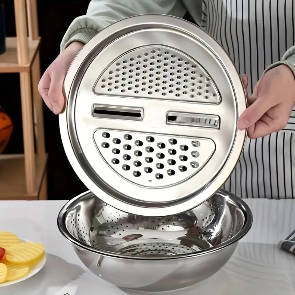 3pcs Stainless Steel Multi-Functional Kitchen Grater Set Draining Bowl with Vegetable Washing Mandoline Slicer for Potato