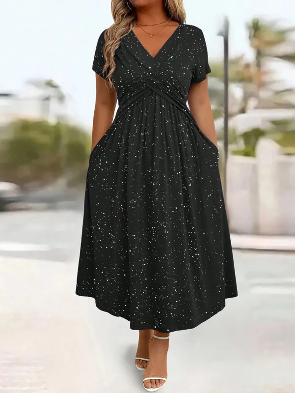 Ladies' elegant plus size powder sprinkled shiny twisted knot with pockets V-neck dress