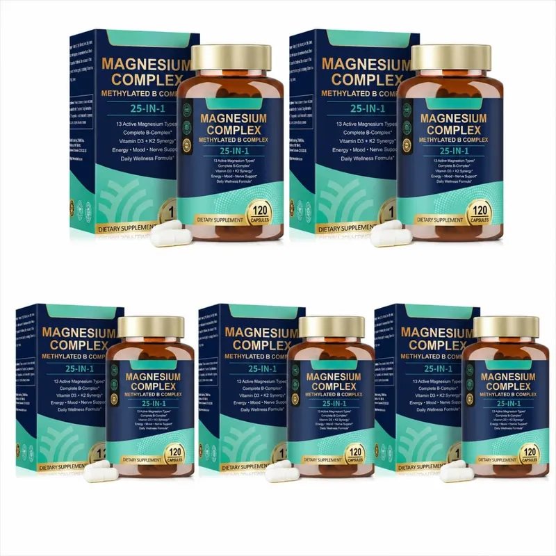 25-in-1 Magnesium Complex with Glycinate Citrate Malate Vitamin D3 K2 B12 Methylfolate for Relaxation Energy Nerve 120 Capsules