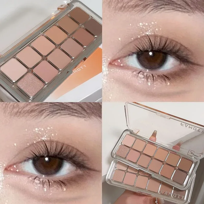 12-Color Low Saturation Matte Eyeshadow Palette Tea Apricot Earth Tones Long Lasting Pearlescent Matte Eye Makeup for Daily Use
