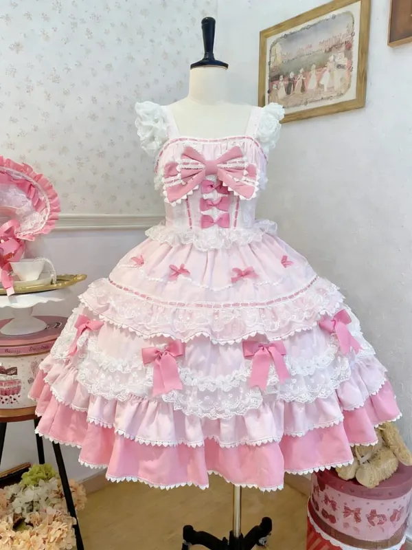 Y2K Sweet Lolita Jks Strap Dress Women Solid Ruffle Lace Bow Patchwork Kawaii Princess Ball Gown Knee-Length Elegant Party — image 8