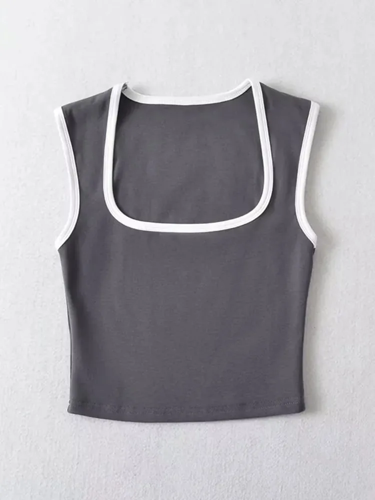 Woman Fashion Slim Solid Contrust Camis Casual Sleeveless Tanks Square Collar Crop Tops Clothing Streetwear Mujer 2024 Y2k