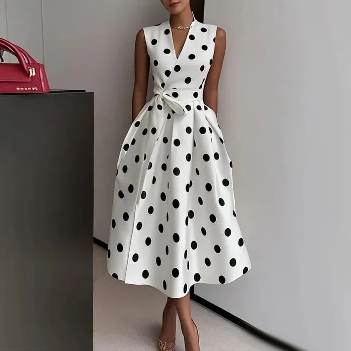 French Polka Dot Dress 2025 Summer Retro New Style Elegant Waist-cinching Dress for Women Sleeveless V-Neck Lace-up Dress