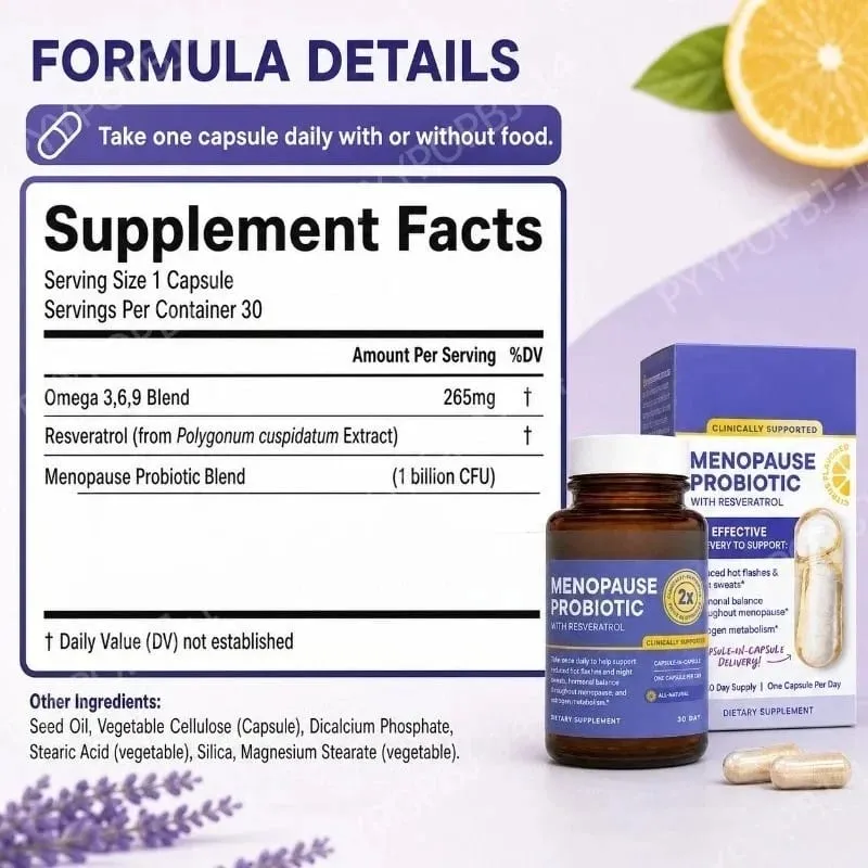 Menopause Probiotics for Women Hormonal Balance Hot Flashes Night Sweats Gut Health Resveratrol & Omega 30 Capsules