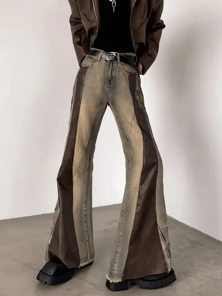 Trashy Y2K 2000S Pu Leather Patchwork Slim Flare Jeans Pants For Men 90S Vintage Clothes Colorblock Denim Trousers Moda Hombre