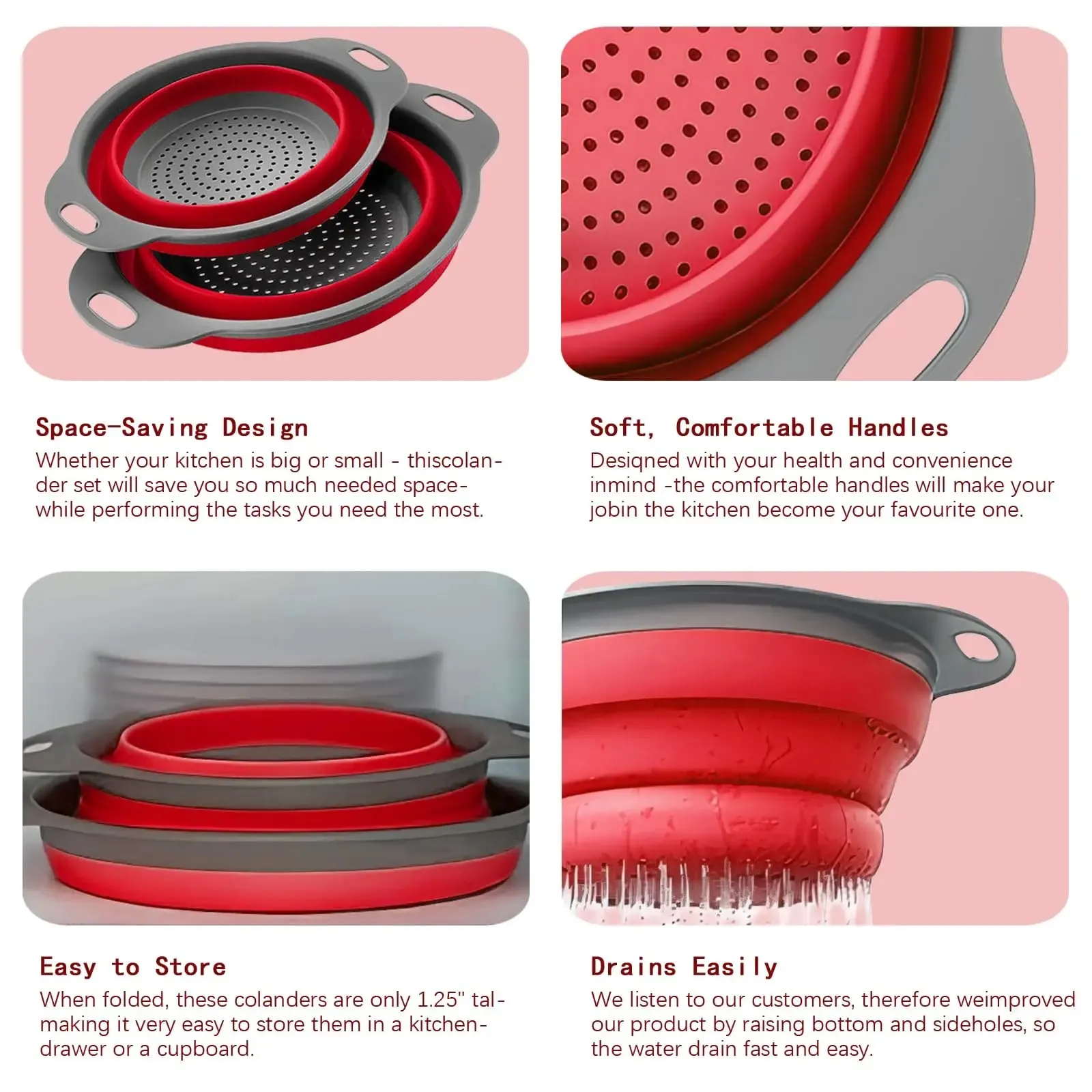 Penapis Dapur Set Penapis 2PCS Penapis Makanan untuk Dapur Boleh Dilipat Colander dengan Pemegang Plastik untuk Pasta dan Spaghetti