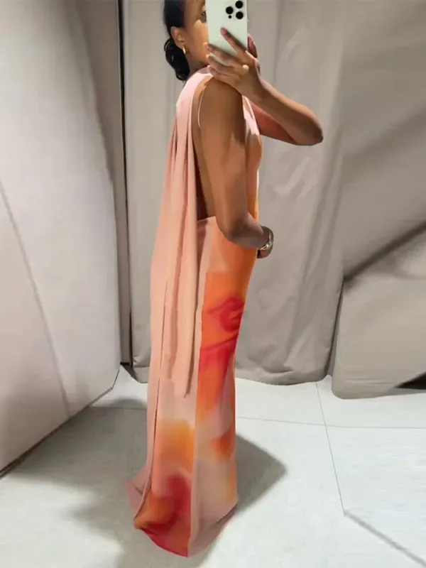 Elegant Tie-dye Gradient Print Sling Long Dress With Scarf Women Holiday Sleeveless Backless Evening Dress Summer Vacation Robes