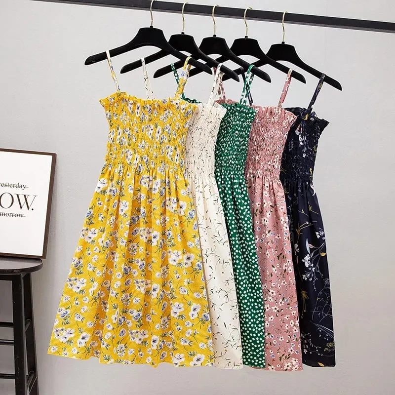 ฤดูร้อนมินิเดรสแฟชั่นหญิง Elastic High เอว Casual สปาเก็ตตี้สายคล้องคอผู้หญิงชุดชีฟอง Vestidos