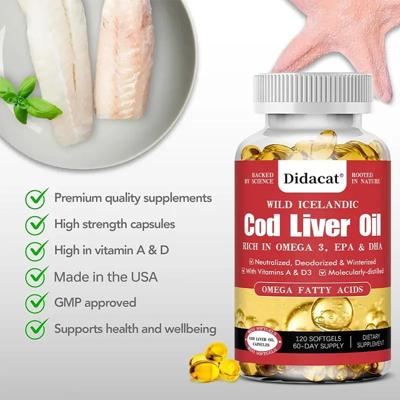Cod Liver Oil Capsules Fish Oil Omega 3+ Vitamins A & D3 - Supports Heart Brain Vision & Joint Health