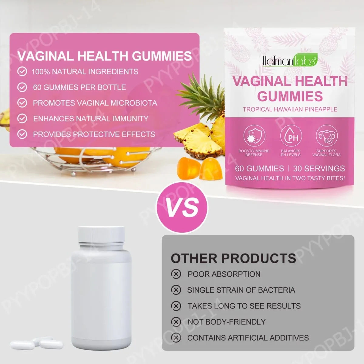 HolmanLabs Vaginal Health Gummies with Vitamin C and Probiotics Supports Vaginal Flora Helps Balance PH Levels 60 Gummies