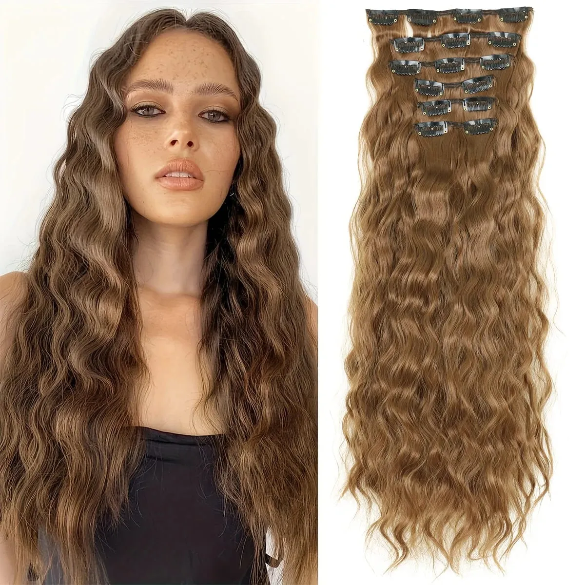 Synthetic Hair Extensions 16Clips In 6PCS Set Curly 22inch Long Clip On Hairpiece Corn Wavy Style For Women Girls Daily Party