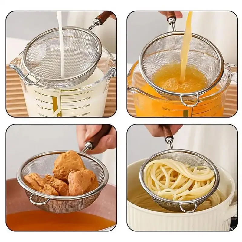 1PC Stainless Steel Mesh Filter Spoon with Wooden Handle Flour Filter Spoon Household Kitchen Fried Food Filter Oil Baking Tool