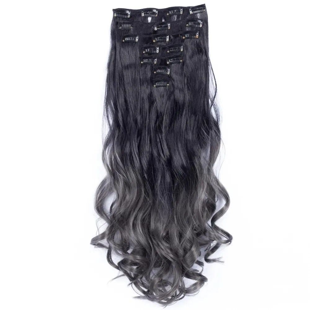 Clip in Long Wavy Synthetic Hair Extension 22 Inch Black 7PCS Thick Hairpieces Fiber Double Weft Hair for Women