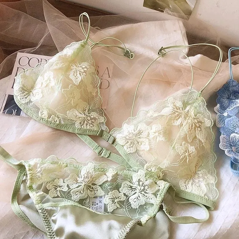 Conjunto de lencería de nicho francés, Bralette con copa triangular de malla bordada, sin aros, encaje Retro, sujetador fino y Sexy cómodo, Tushy MOYISU de EE. UU. — image 10