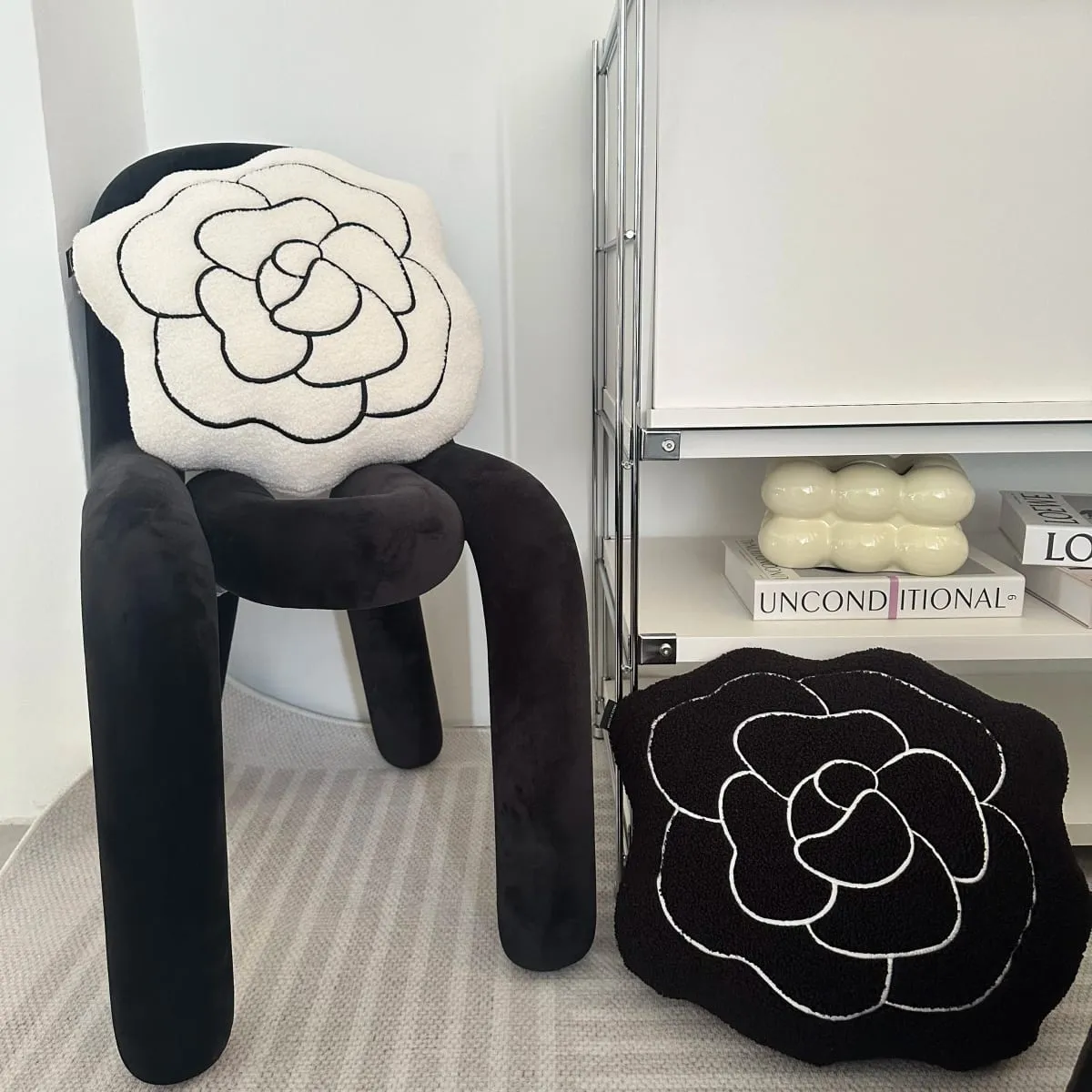 45cm Modern Style Flower Embroidery Plush Pillow Camellia Shaped Throw Pillow Soft Home Room Decor Cushion