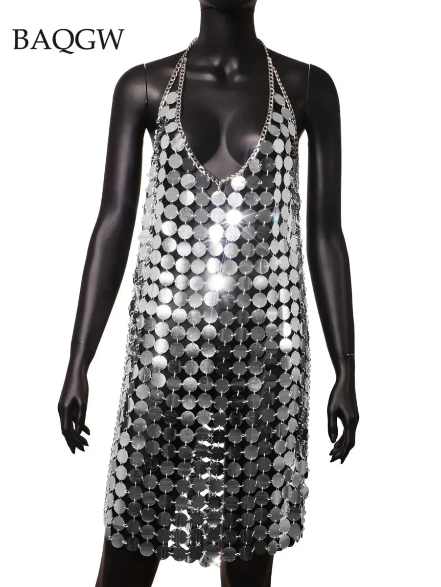 Damesmode Mouwloos Sexy Backless Glitter Zwart Goud Chainmail Pailletten Patchwork Mini-jurken Diana Silver Disc-jurk