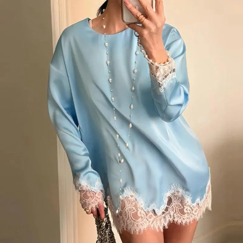 Satin Lace Patchwork Dress Women Long Sleeve O-neck Casual 2026 Spring Female Dresses Casual Solid Beach Robe Not Contain Pearls