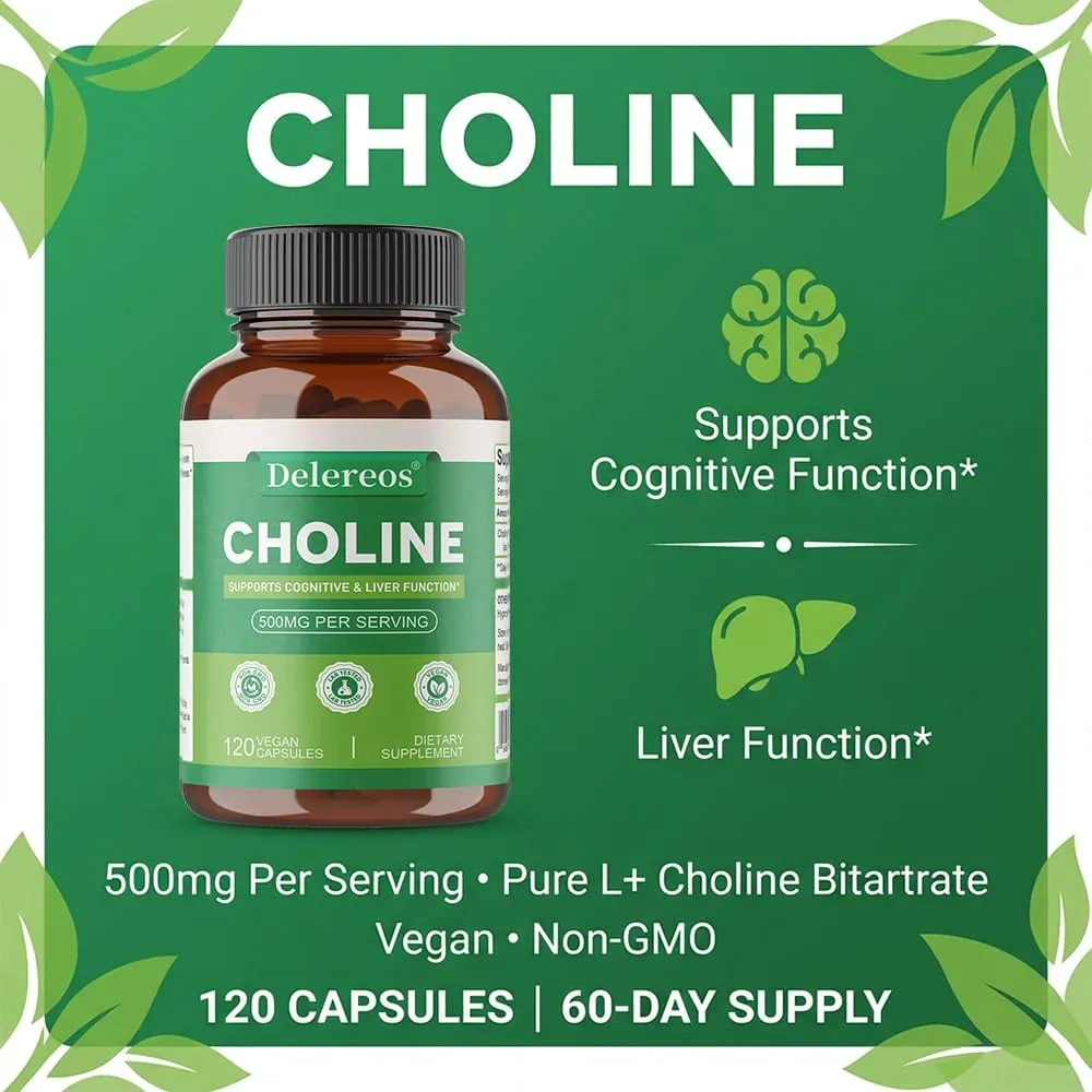Choline 500mg - High Potency Choline Supplements Supports Cognitive Performance & Liver Function Vegan Capsules Non-GMO