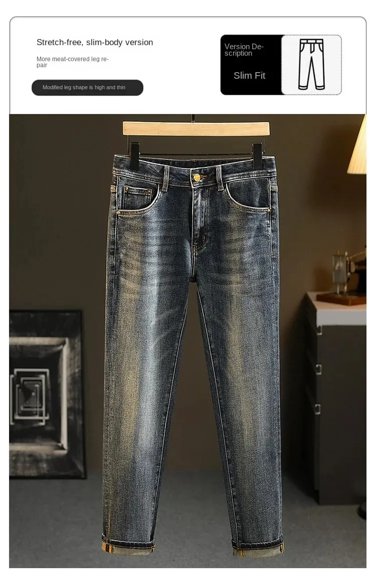 High-End Jeans Men's Versatile Washed Denim Clothing Fashion Casual Tappered Spring and Autumn Light Luxury Thick Trousers