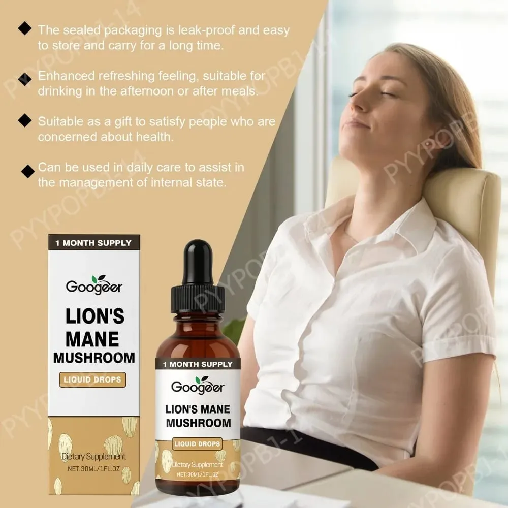 Googeer Lion's Mane Mushroom Liquid Drops Hukommelse og fokusstøtte til kognitiv klarhed Mental Agility Alkoholfri 30 ML — image 4