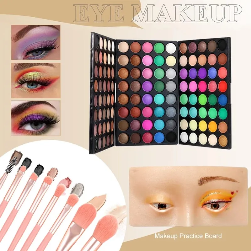 4pcs Makeup Sets 120‑Color Eyeshadow Palette With 8pcs Brushes & 2pcs Makeup Practice Face Boards For Beginner Makeup Practice