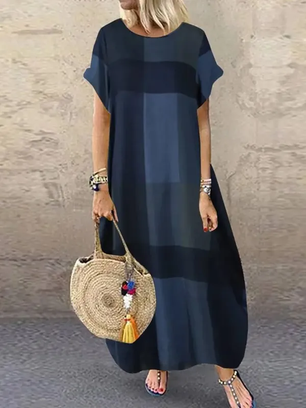 Boêmio xadrez verificado vestido de verão manga curta vestido longo moda férias festa femme casual solto robe 2025