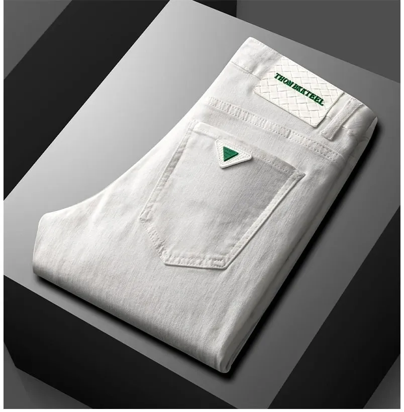 High-End White Jeans Men's 2024 Spring and Summer New Elastic Slim Fit Embroidery Trend Versatile Light Luxury Quality Pants