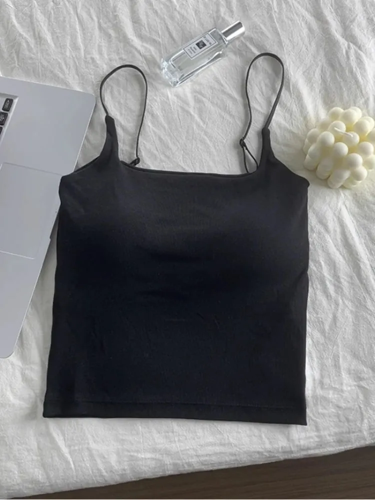 2026 Women With Built In Bra Spaghetti Strap Tanks Summer Camis Tank Casual Tops For Woman Solid Color Female Korean Style