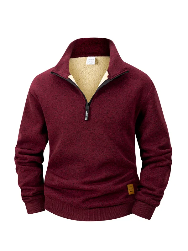 Men Fleece Lined Sweatshirts Winter Warm Pullover Half Zipper Pullover for Male Hoody Outdoor Sweatshit Solid Color Stand Collar — image 2