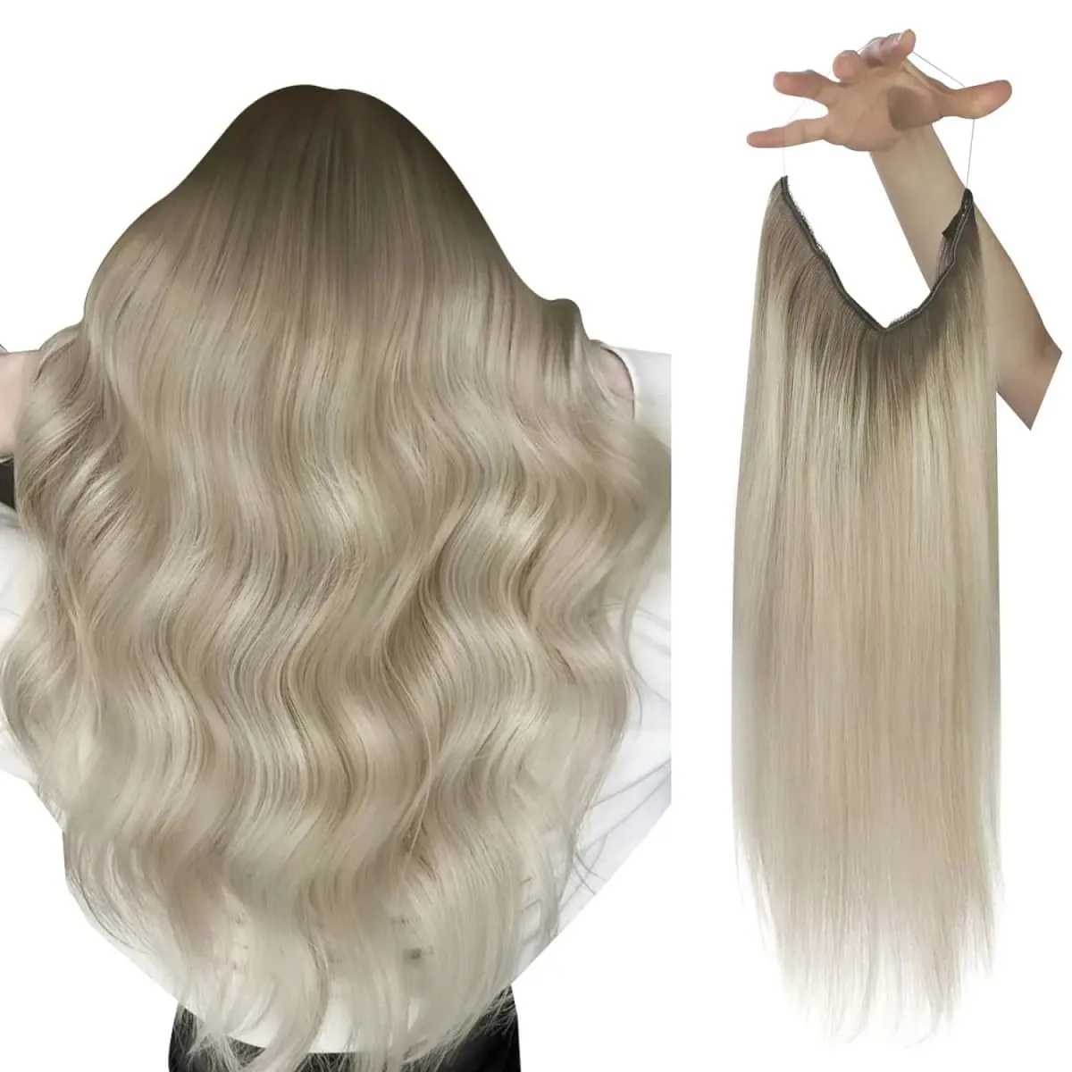 VeSunny Fish Line Human Hair Extension Remy Hair One Piece Invisible Wire Hair Weft Brazilian Hair Balayage Hair Extensions