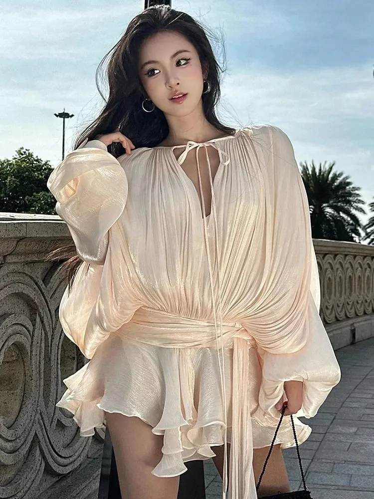 Elegant Ruched Mini Dress For Women Round Neck Lantern Long Sleeve High Waist Temperament Dresses Female Fashion