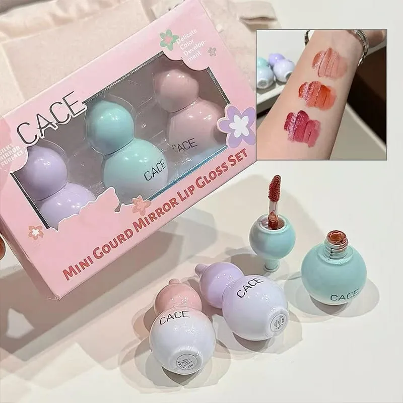 Mini Gourd Design Lip Glaze 3 Colors Makeup Set Lasting Moisturizing Water Glass Lipgloss Tint Hydrating Lip Stain Cosmetic