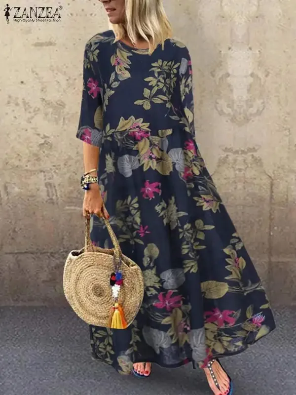 Women's Summer Short Sleeve Sundress ZANZEA Woman Floral Printed Dress Bohemian Elegant Casual Oversized Holiday Long Dresses