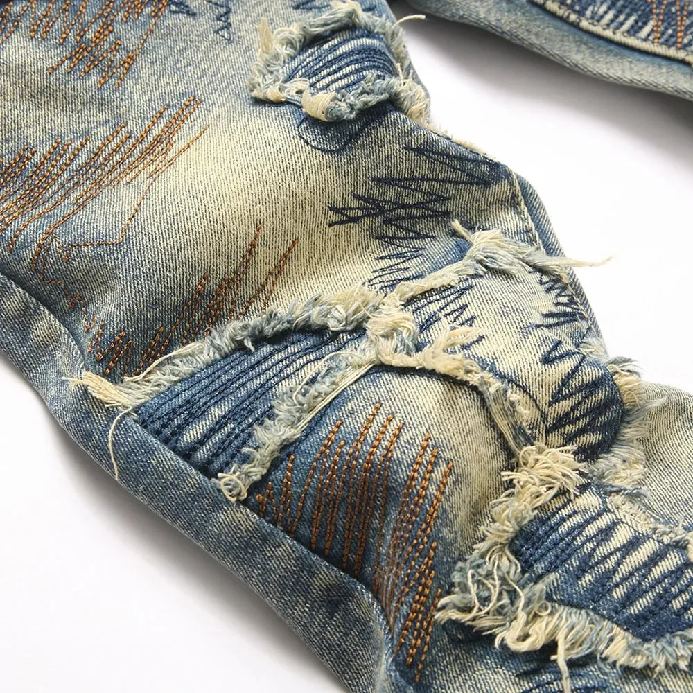 Men Embroidery Patch Boot Cut Jeans Patchwork Stretch Denim Slim Flared Pants Vintage Blue Streetwear Trousers