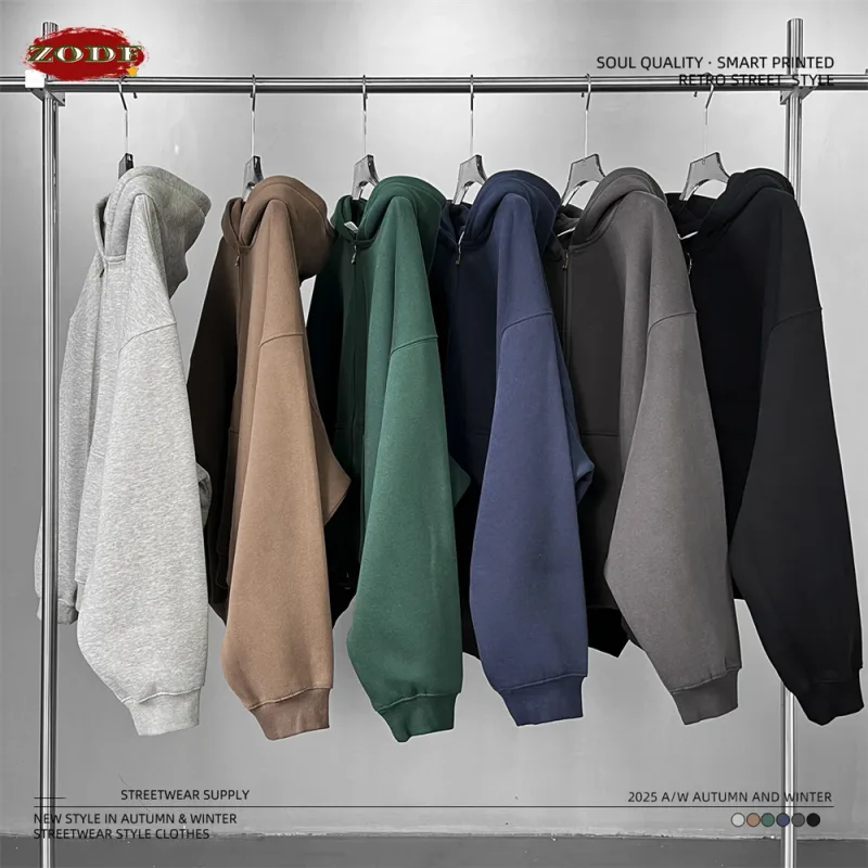 Trendy 2025 Winter Man Solid Fleece Boxy Hoodies Unisex 350gsm Dubbele Hoofd Rits Hoody Jas HY1122 — image 6