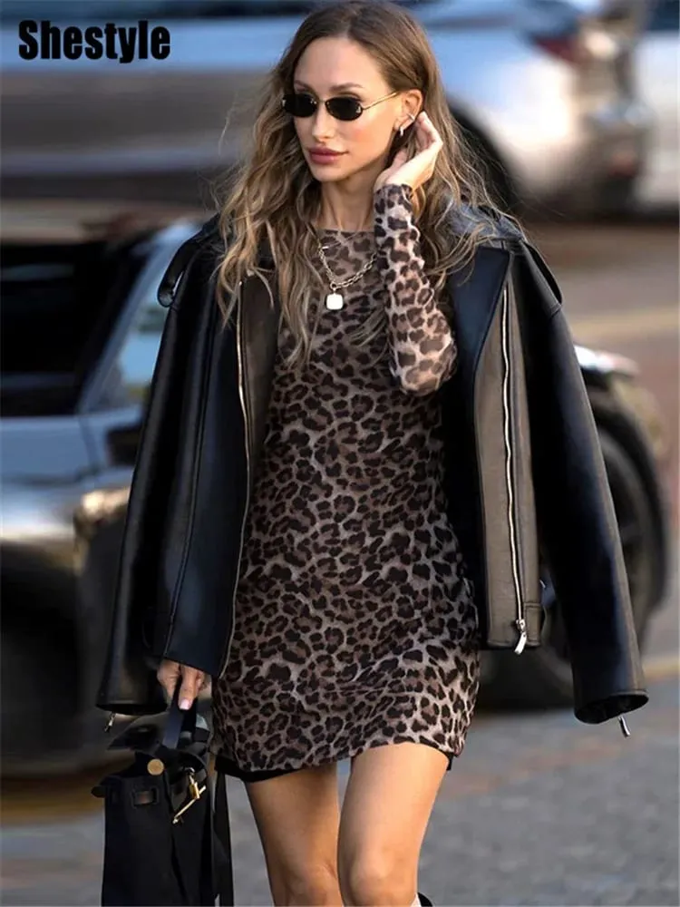 Shestyle leopardo Sexy A-Line vestido mujeres conjuntos de dos piezas malla transparente moda extremadamente caliente High Street Animal Print elegante