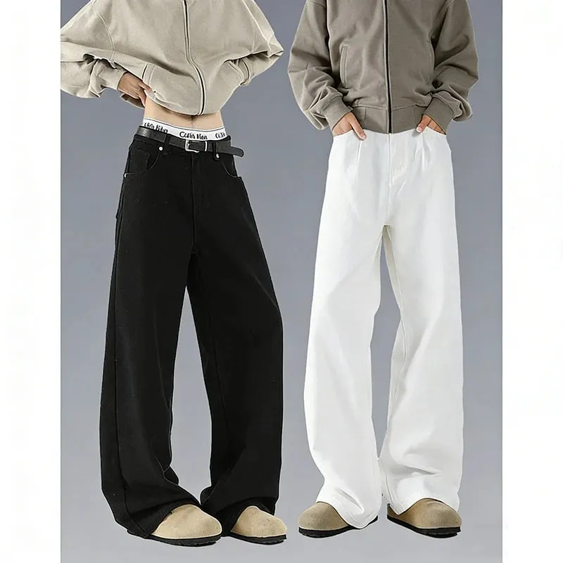 Summer Thin Breathable Men Jeans American Style White Bending Knife Denim Pants Trend Male Loose Straight Leg Wide Leg Trousers