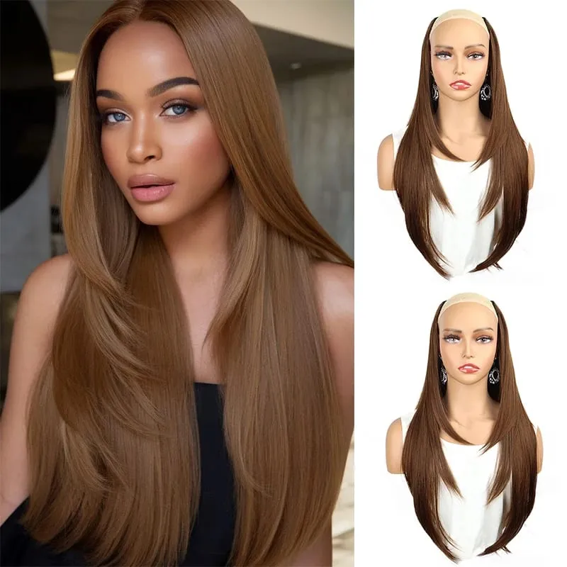 Long Straight Clip-in Hair Extensions Synthetic U Part Hairpieces for Women 22 Inch Gorgeous Fluffy Layer Wigs Party Daily Use
