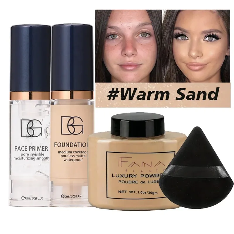 4-Pcs Set Face Makeup Bundle - Smoothing Primer Matte Foundation Setting Powder with Puff - Long-Lasting Waterproof Value Pack