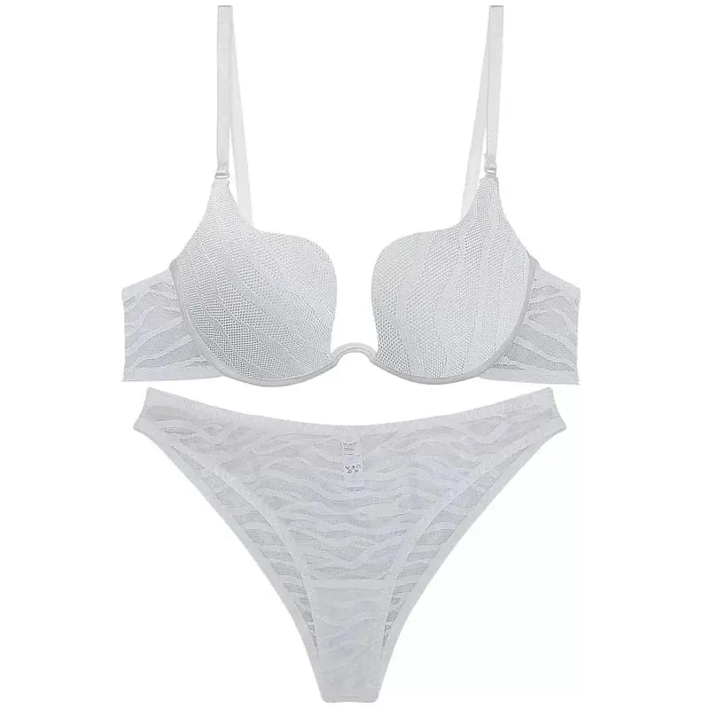Women Sexy Push Up Bra Set Elegant Zebra Stripes Thin Lingerie Underwear See Through Bra and Panty Set