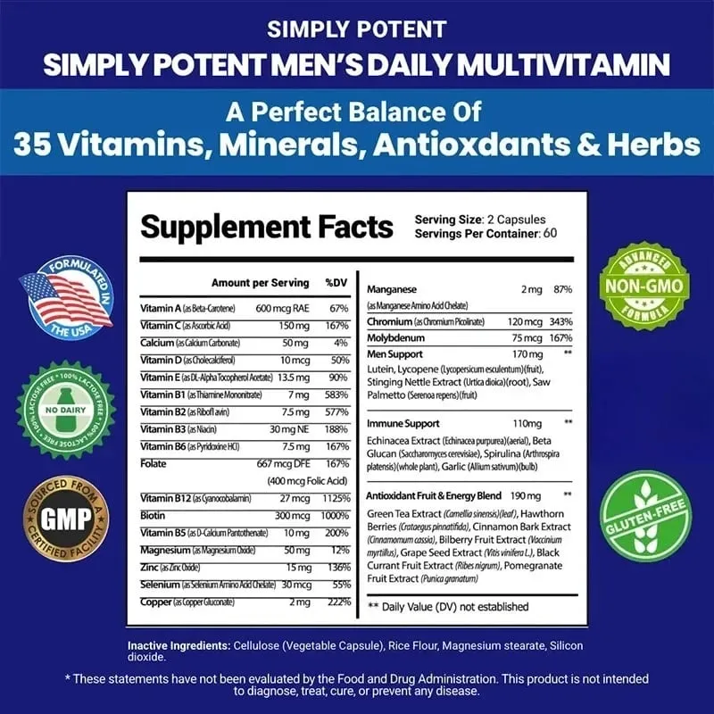Daily Multivitamin for Men for Prostate Energy Concentration Metabolism Immunity Vitamins: A C D E (B1 B2 B3 B5 B6 B7 B9 B12)