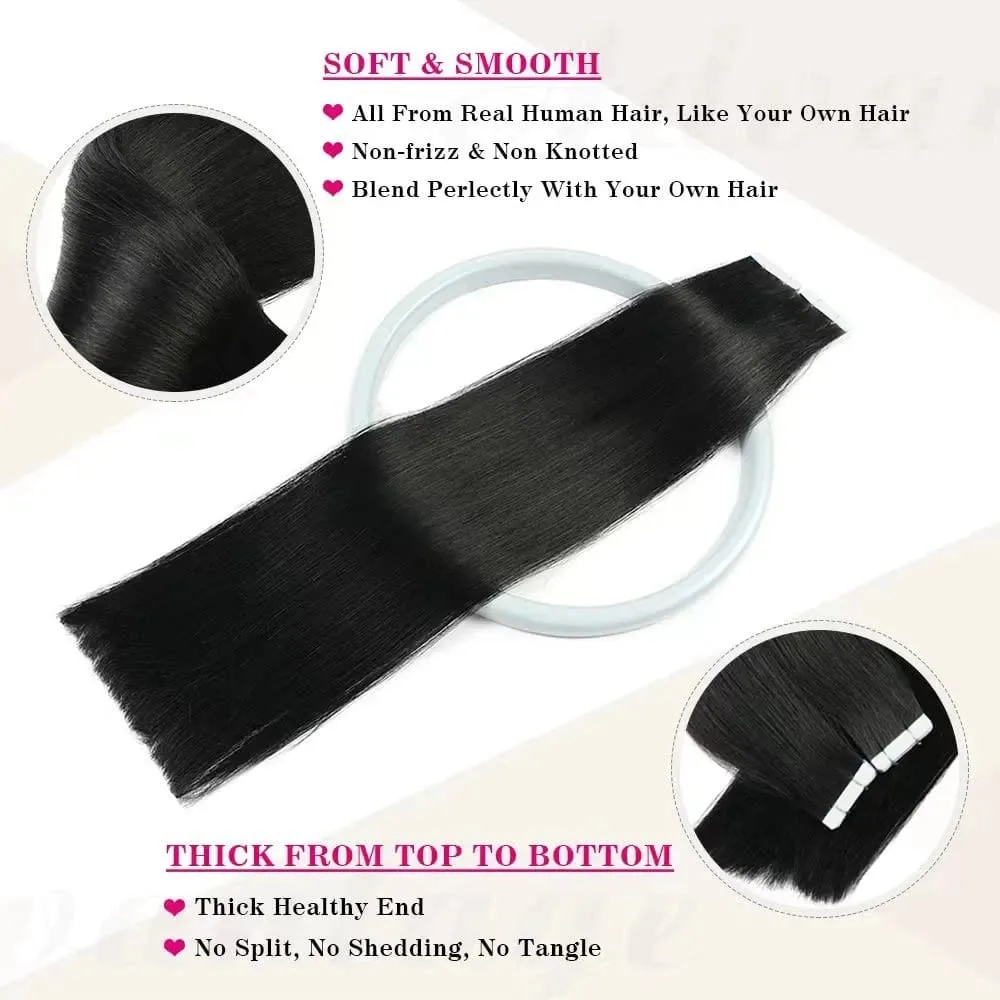 Tape In Hair Extensions Remy Human Hair 20pcs Straight Seamless Skin Weft Tape Hair Extensions Natural Black Hair For Women — image 4