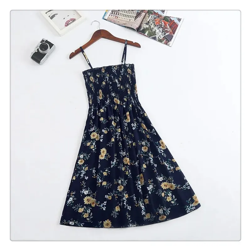 ฤดูร้อนมินิเดรสแฟชั่นหญิง Elastic High เอว Casual สปาเก็ตตี้สายคล้องคอผู้หญิงชุดชีฟอง Vestidos