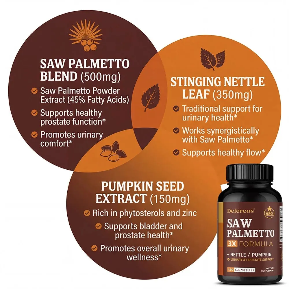 Saw Palmetto Supplement | Nettle & Pumpkin Seed Oil Capsules for Potent 3X Formula Prostate & Bladder Support for Men