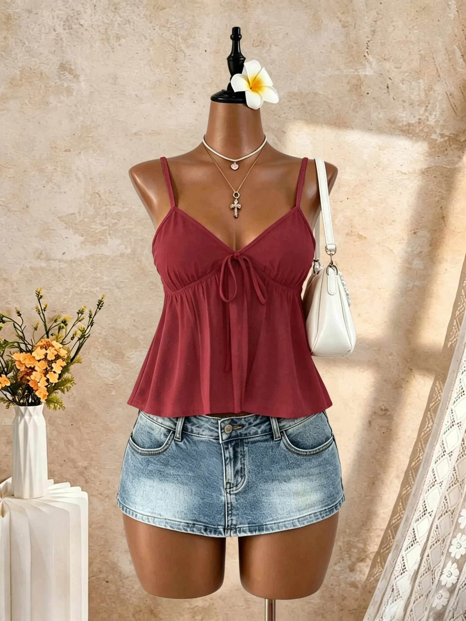 Women V Neck Spaghetti Strap Front Tie Ruched Waist Flared Peplum Cami Top 2026 Summer Y2K Solid Black Casual Beach Vacation Loo