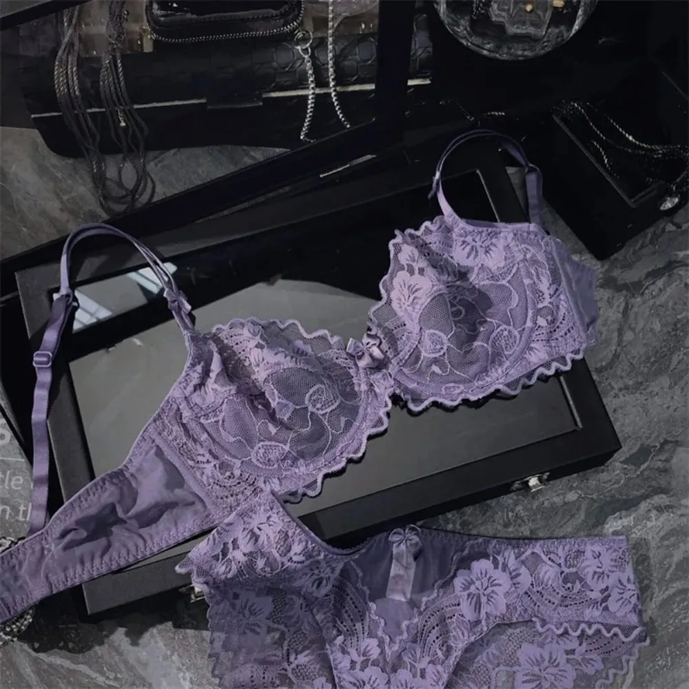 Minimal French Thin Perspective Lace Lingerie Set Underwire Beauty Back Malaking Bust Minimizer Side Shaping Anti Sagging Bra Set
