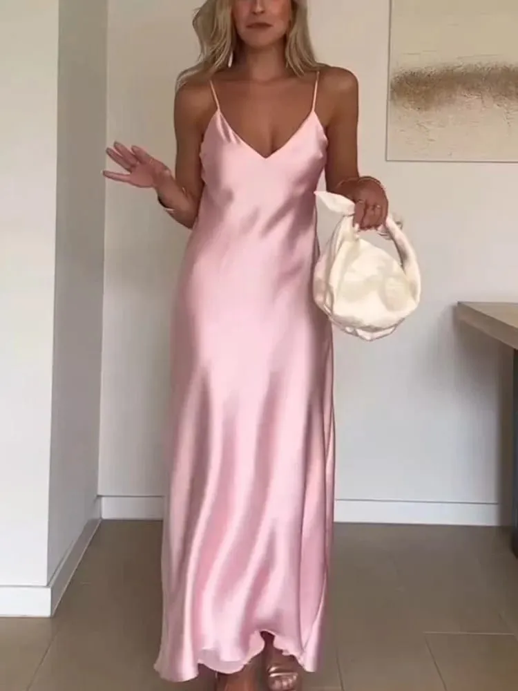 Trễ Vai Hồng Satin Đầm Maxi Thời Trang Không Tay Hở Lưng Ôm Body Khoét Hở Đồ Bầu Nữ Dạ Hội Áo Choàng 2025