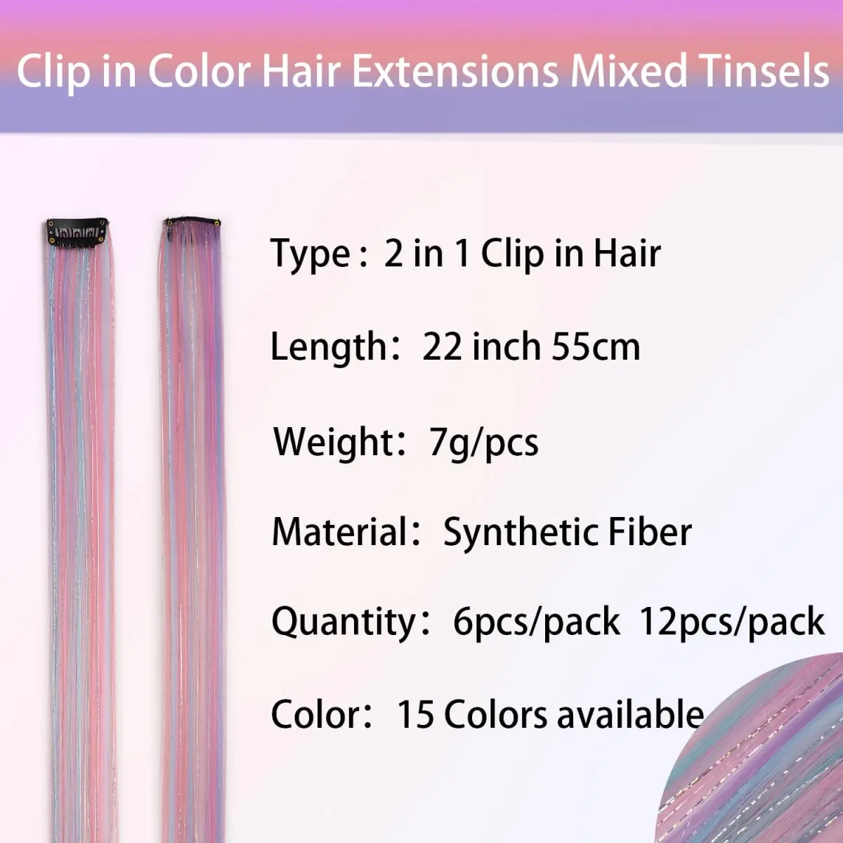 Unicorn Clip in Colored Hair Extensions Mixed Silver Tinsels Synthetic Rainbow Hair Holiday Party Highlights for Women Girls — image 3