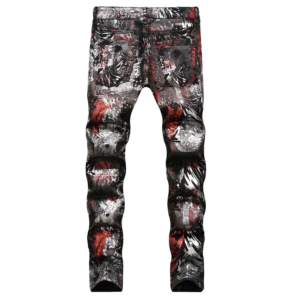 Men Coated Denim Jeans Fashion Shinny Leopard Abstract Pattern Printed Pants Slim Tapered Trousers