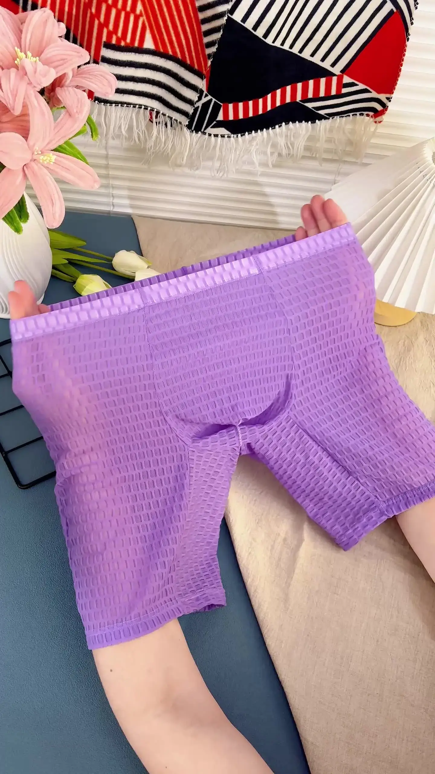 Men's Waffle Texture Boxy Underwear Extended Boxer Briefs Mid Rise Sheer Mesh Flirtatious Casual Athletic Sports Trunks Knickers